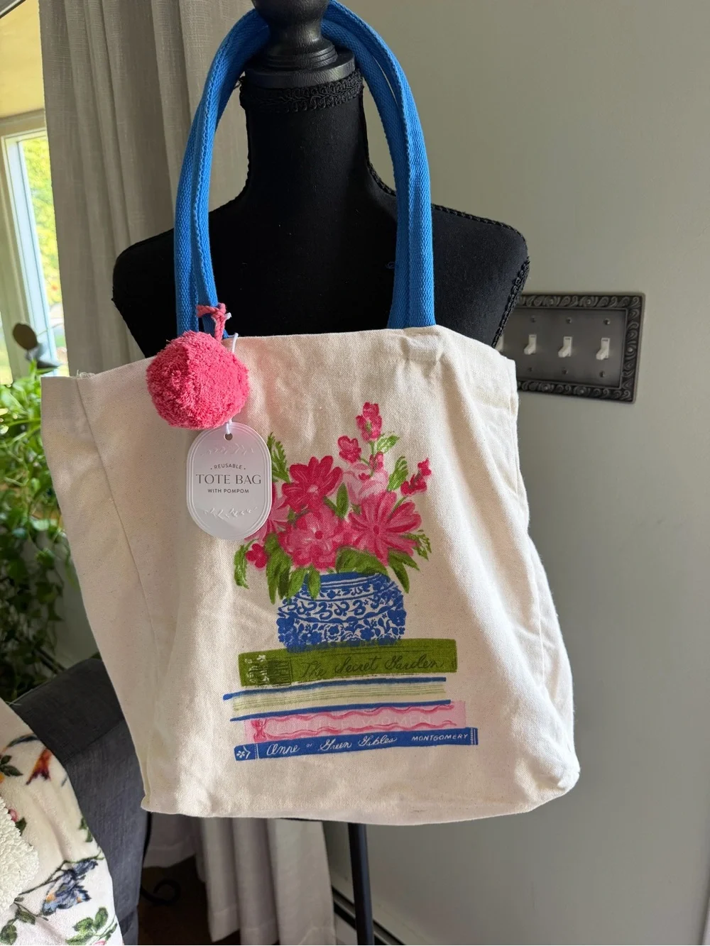 Floral Canvas Tote Bag with Blue Handles GREAT FOR BACK TO SCHOOL Books